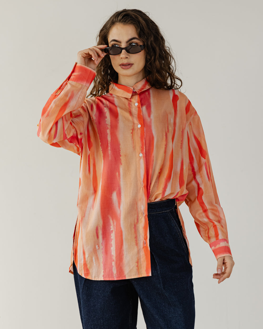 Printed Cotton Shirt in Peach Orange