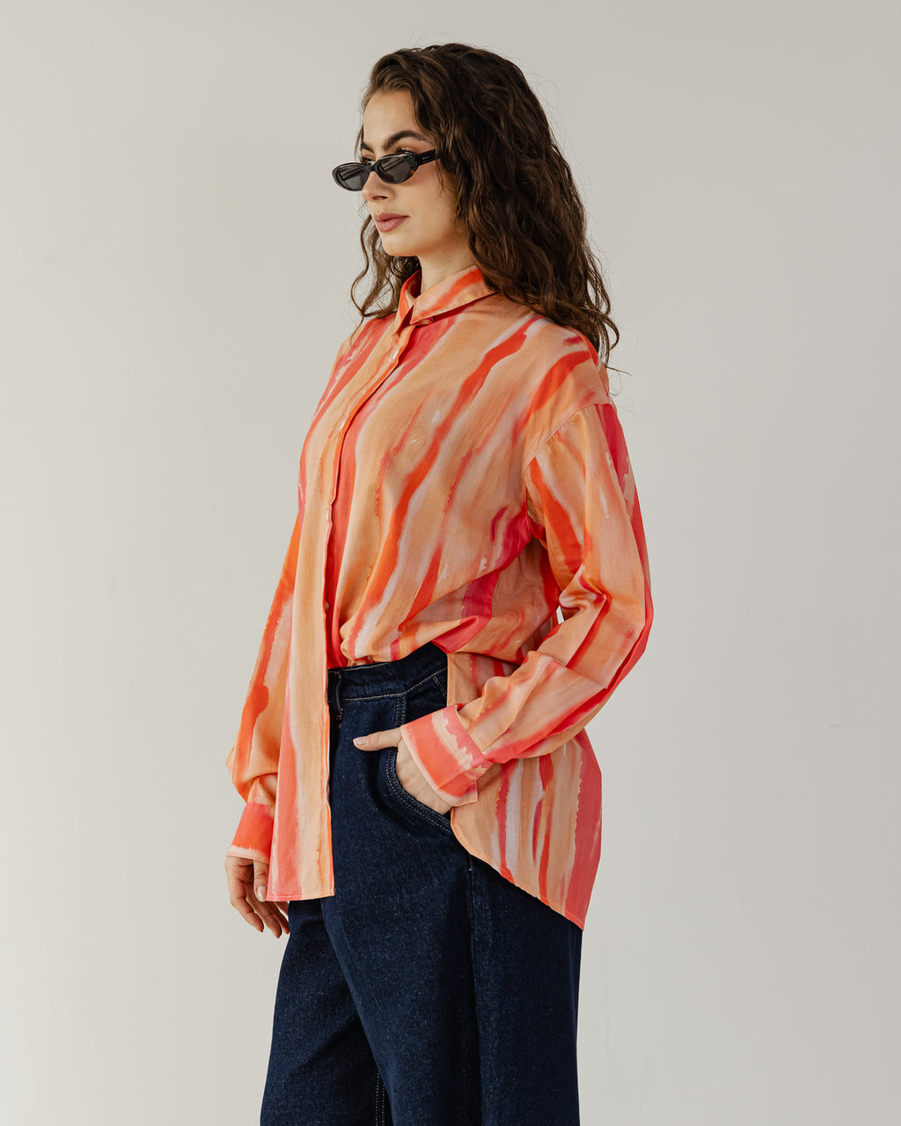 Printed Cotton Shirt in Peach Orange