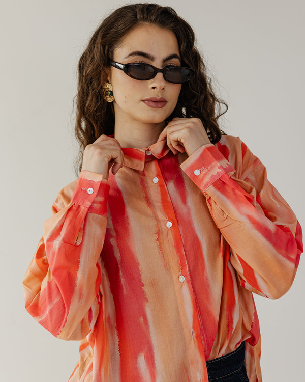 Printed Cotton Shirt in Peach Orange