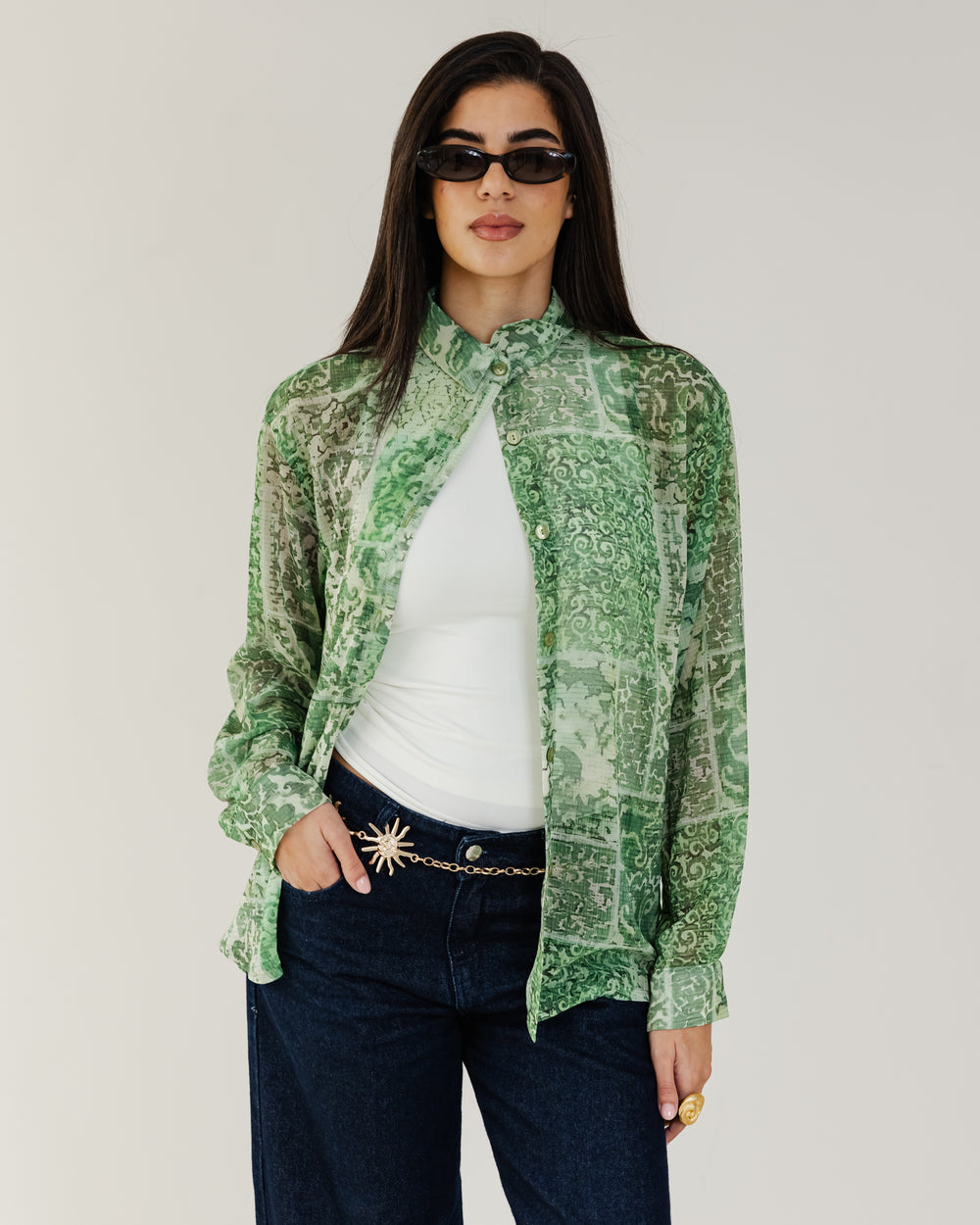 Printed Chiffon Shirt in Green