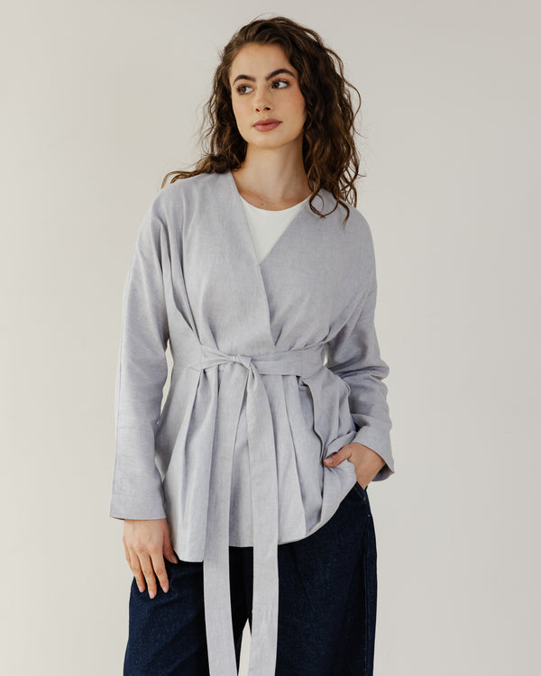 Belted Linen Shirt in Light Grey