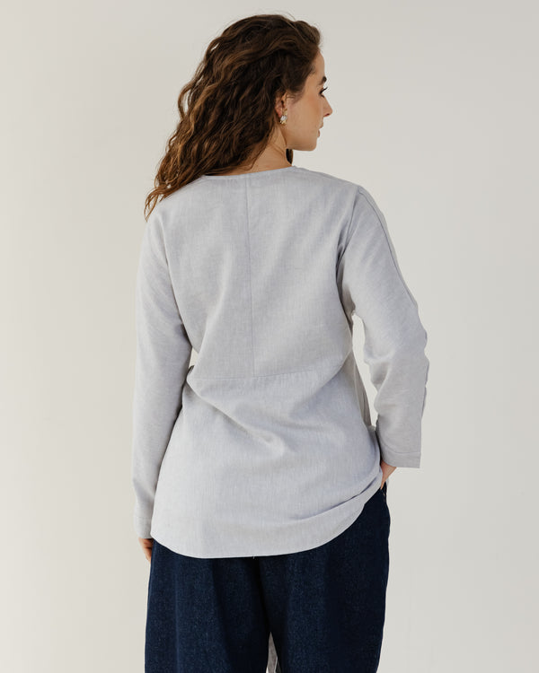 Belted Linen Shirt in Light Grey