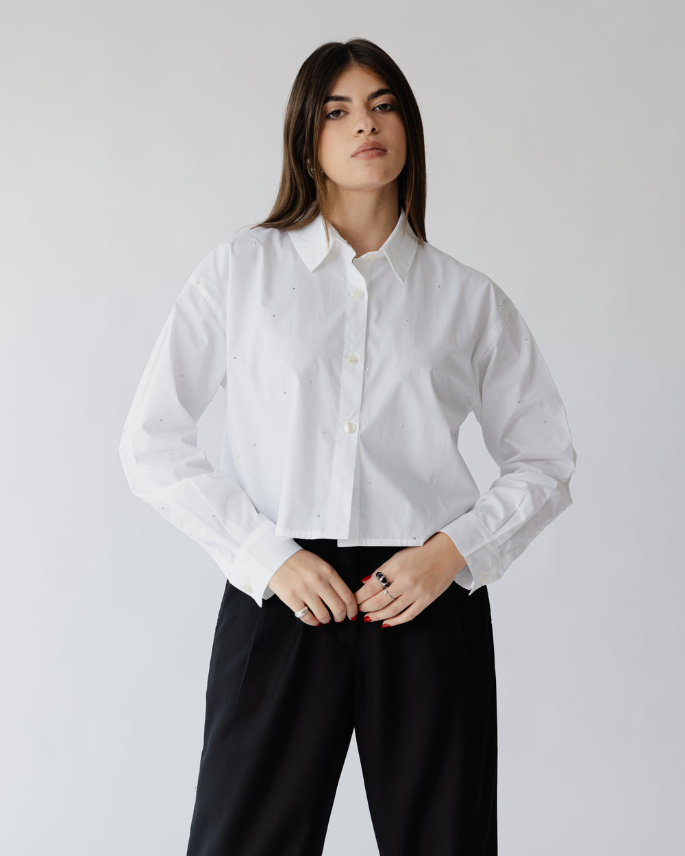 Cropped and Studded Poplin Shirt in Off-White
