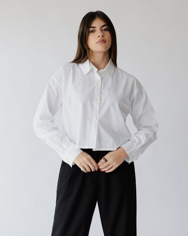 Cropped and Studded Poplin Shirt in Off-White