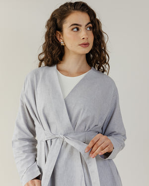 Belted Linen Shirt in Light Grey