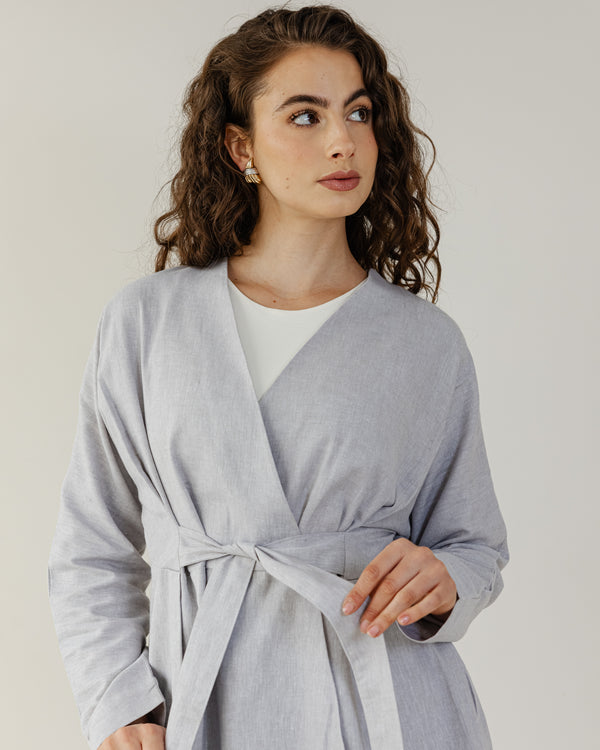 Belted Linen Shirt in Light Grey