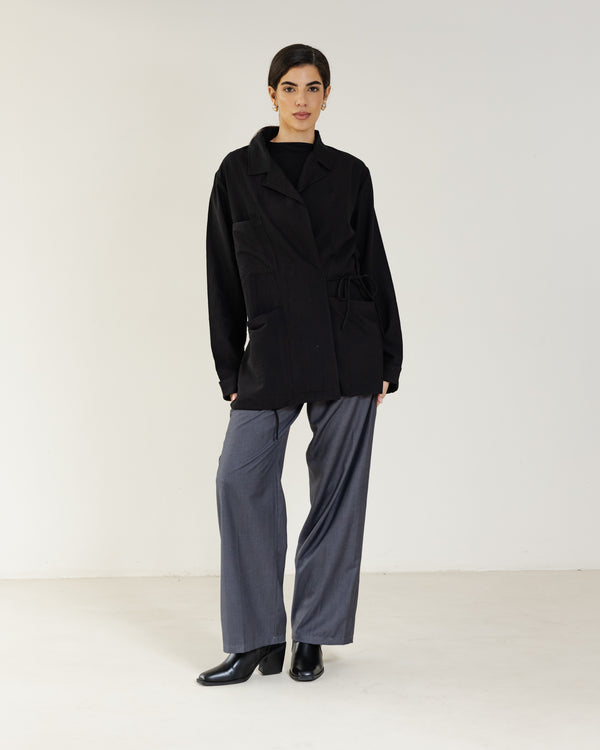 Crinkled Crossover Blazer in Black