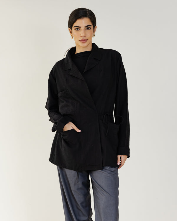 Crinkled Crossover Blazer in Black