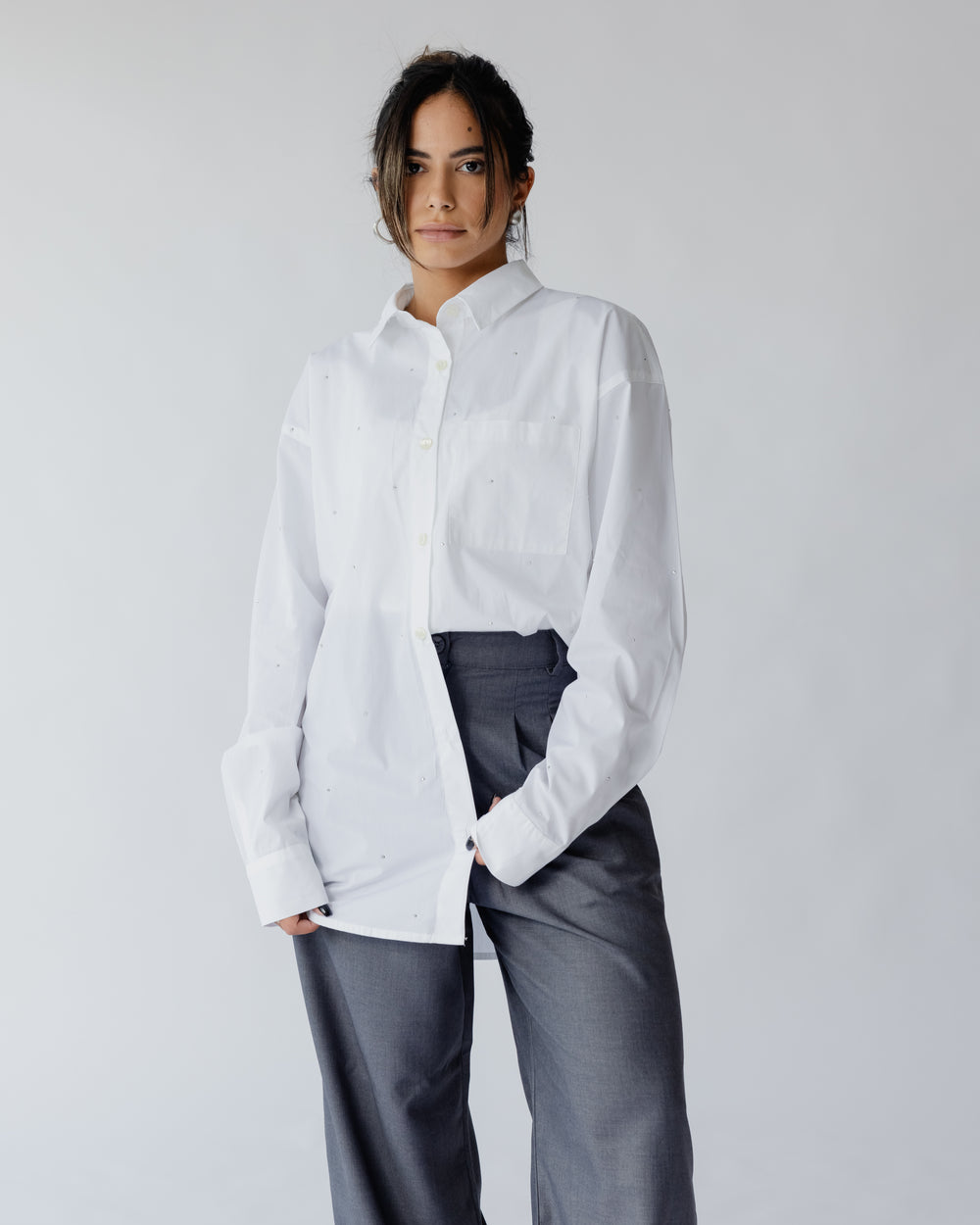 Bedazzled Poplin Shirt in White