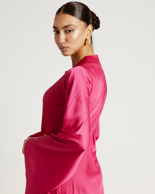 Flared-sleeve Satin Dress in Fuchsia