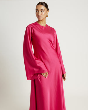 Flared-sleeve Satin Dress in Fuchsia