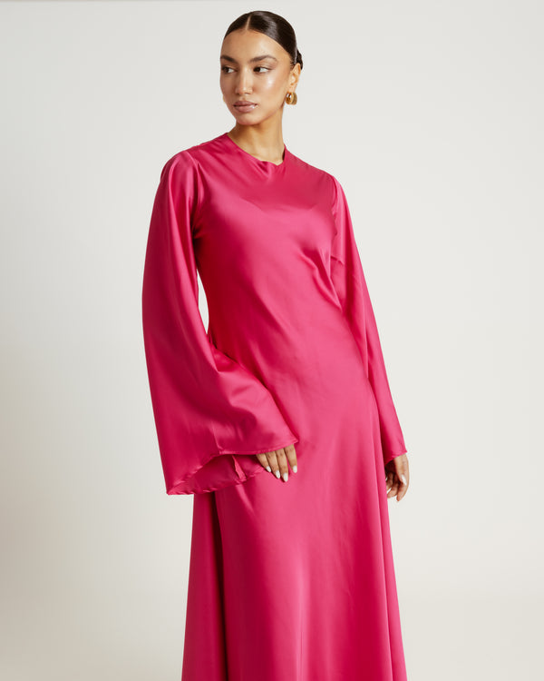 Flared-sleeve Satin Dress in Fuchsia