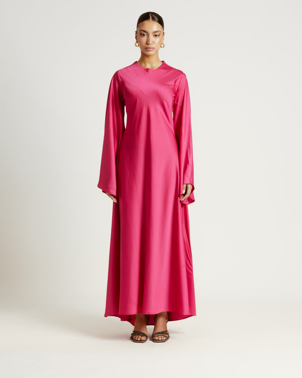 Flared-sleeve Satin Dress in Fuchsia