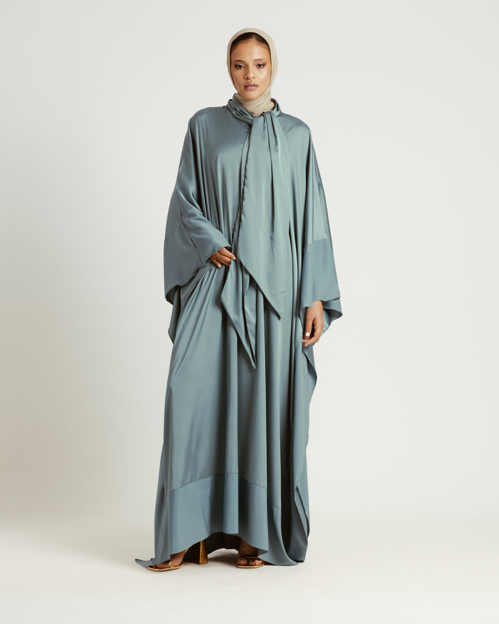 Scarfed Kaftan Dress in Steel Blue