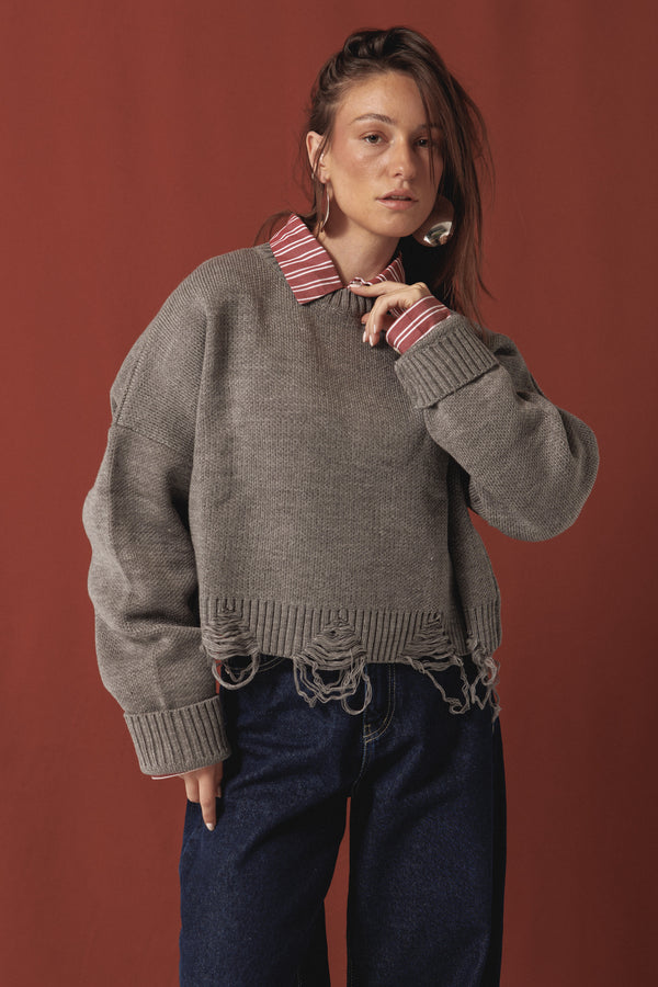 Fringed Sweater in Grey