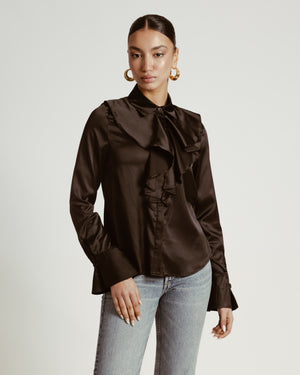Ruffled Satin Shirt in Black