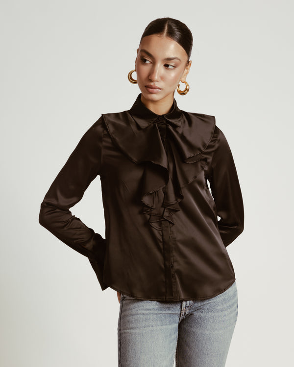 Ruffled Satin Shirt in Black