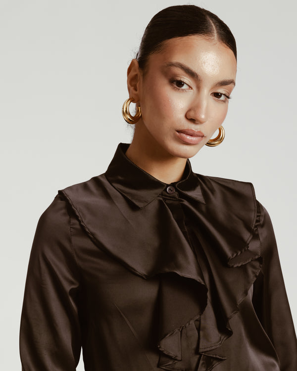Ruffled Satin Shirt in Black