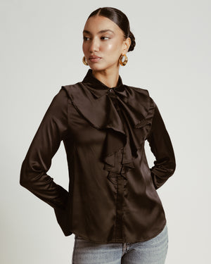 Ruffled Satin Shirt in Black