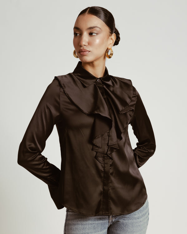 Ruffled Satin Shirt in Black