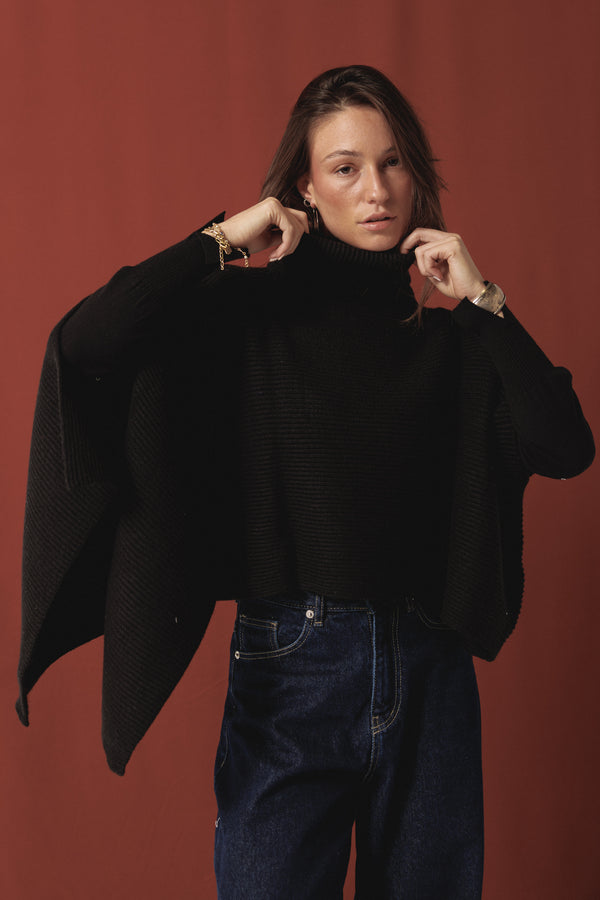 Turtle Neck Poncho in Black