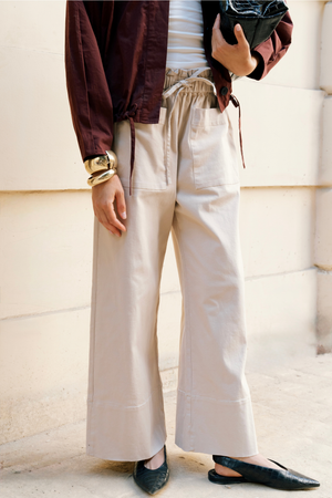 Wide-Leg Drawstring Pants in Beige
