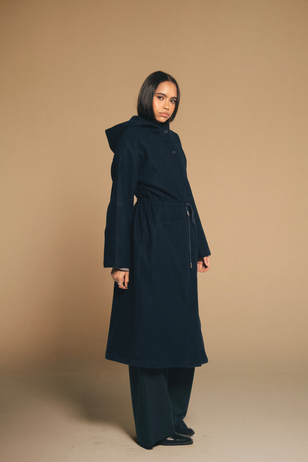 Drawstring Wool Coat in Navy