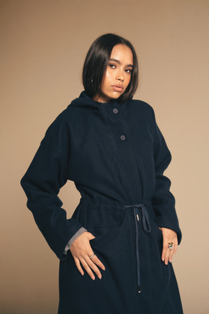 Drawstring Wool Coat in Navy