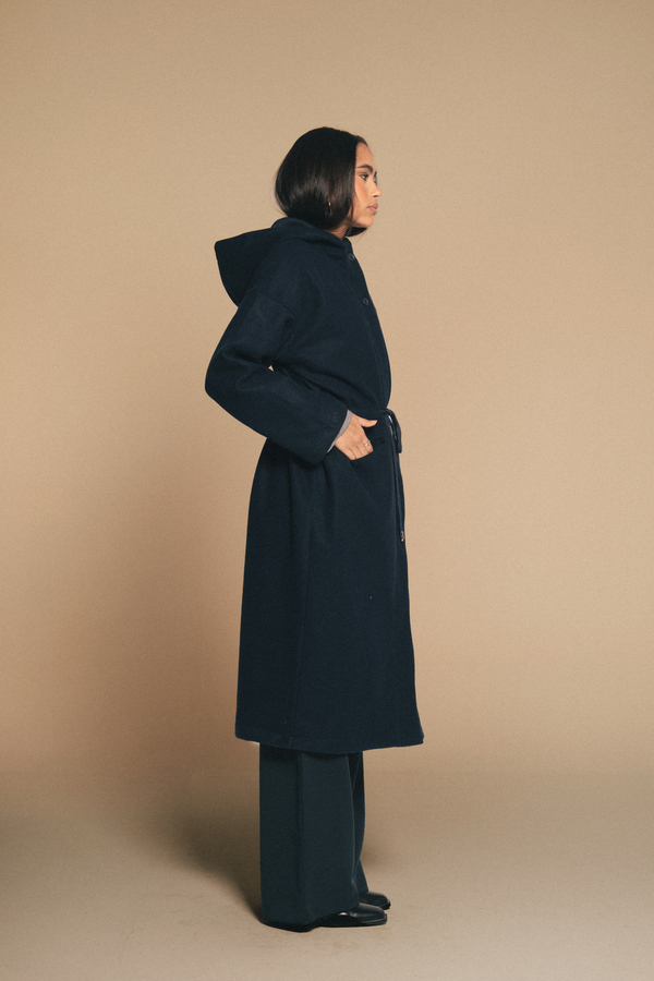 Drawstring Wool Coat in Navy