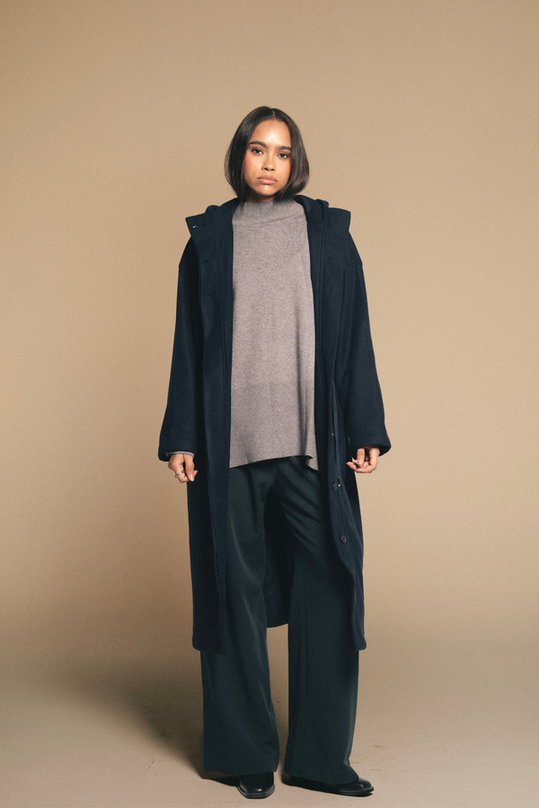 Drawstring Wool Coat in Navy
