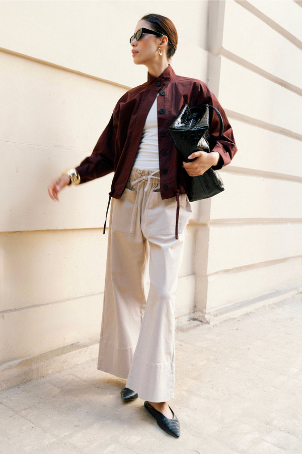 Wide-Leg Drawstring Pants in Beige