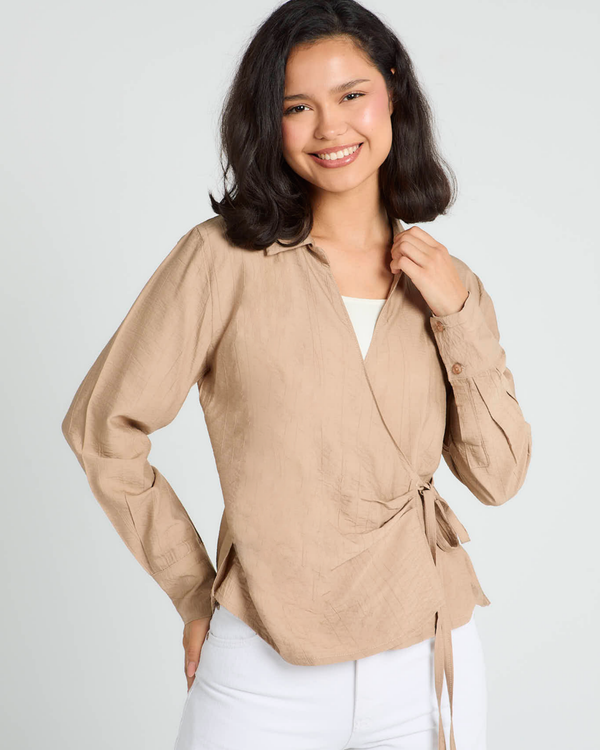 Crinkled Tie Wrap Shirt in Cafe