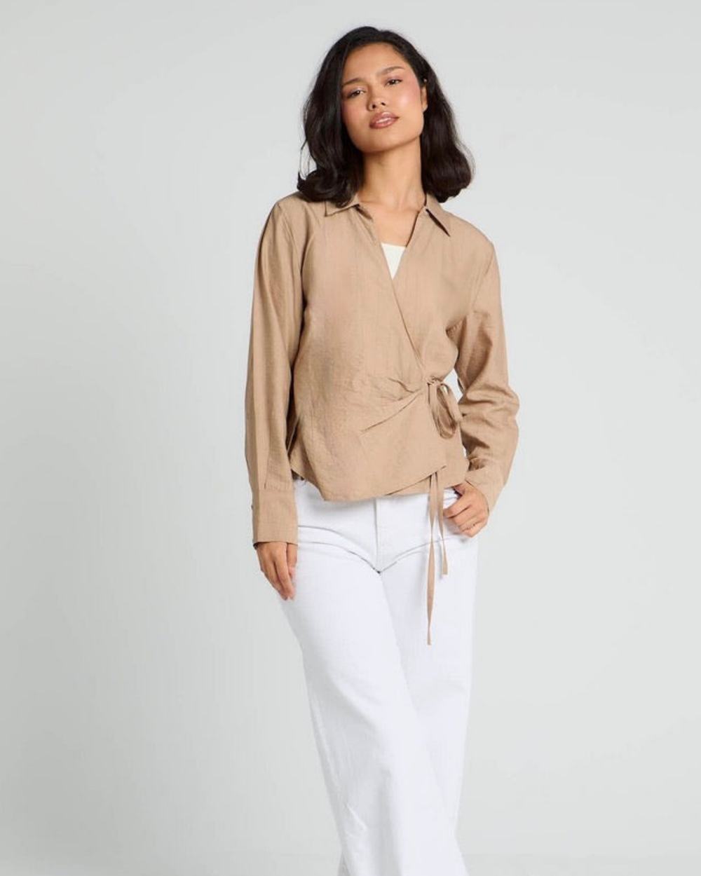 Crinkled Tie Wrap Shirt in Cafe