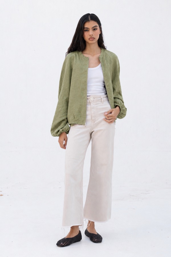 Linen Bomber Jacket in Olive