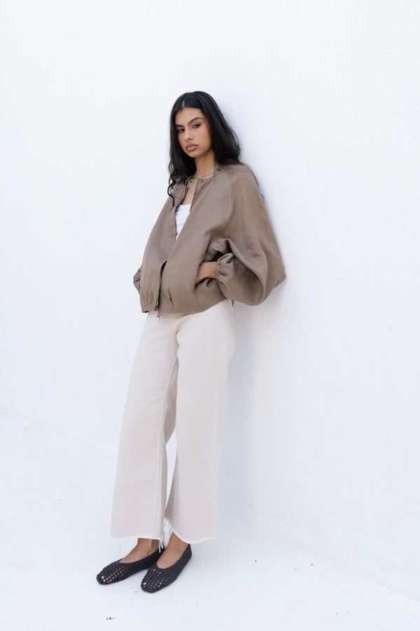 Linen Bomber Jacket in Brown