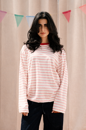 Striped Long Sleeve T-Shirt In Pink X Red