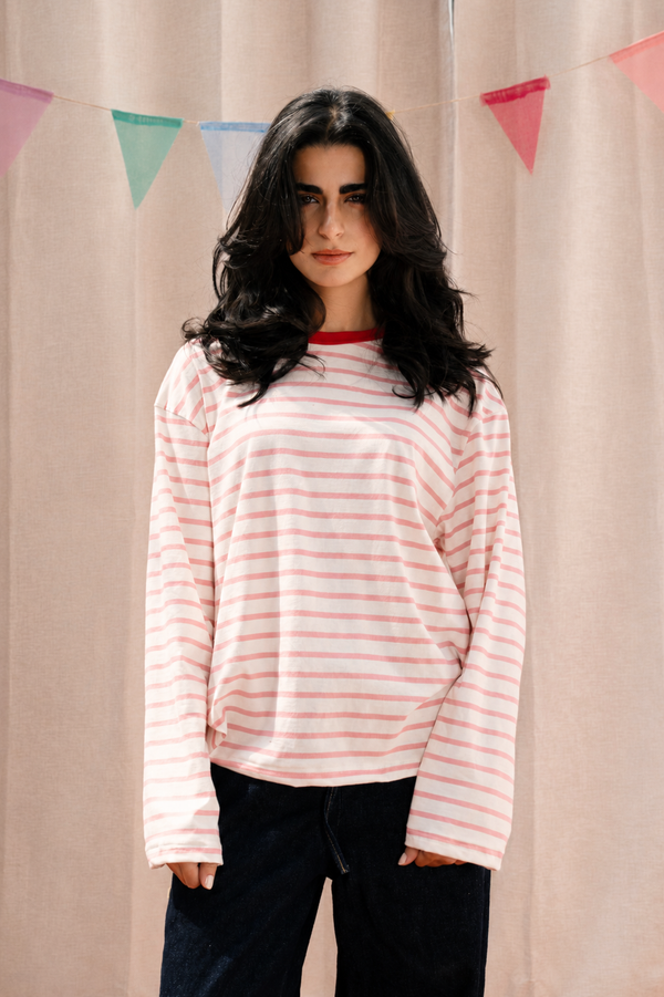 Striped Long Sleeve T-Shirt In Pink X Red