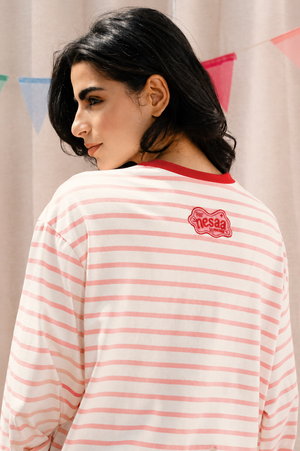 Striped Long Sleeve T-Shirt In Pink X Red