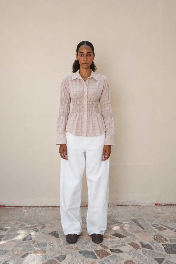 Plaid Scrunched Blouse in Pink