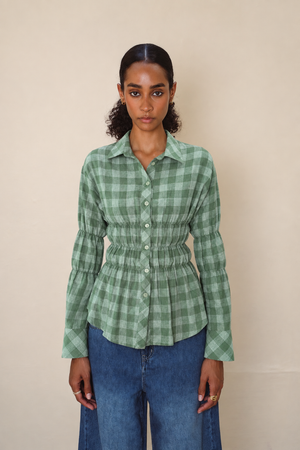 Plaid Scrunched Blouse in Green