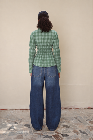 Plaid Scrunched Blouse in Green