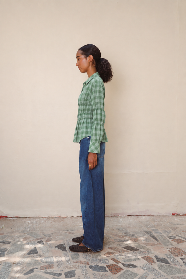 Plaid Scrunched Blouse in Green