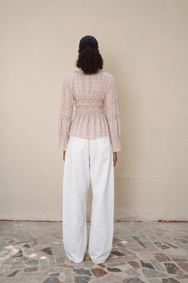 Plaid Scrunched Blouse in Pink