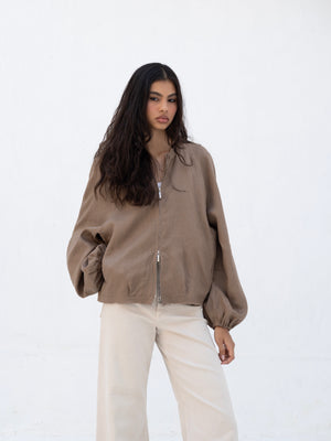 Linen Bomber Jacket in Light Brown