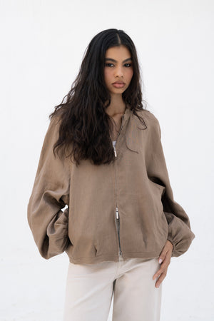 Linen Bomber Jacket in Light Brown