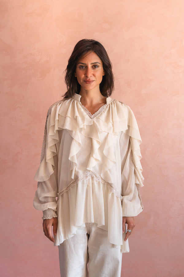 Chiffon Ruffled Blouse With Lace Trim In Beige