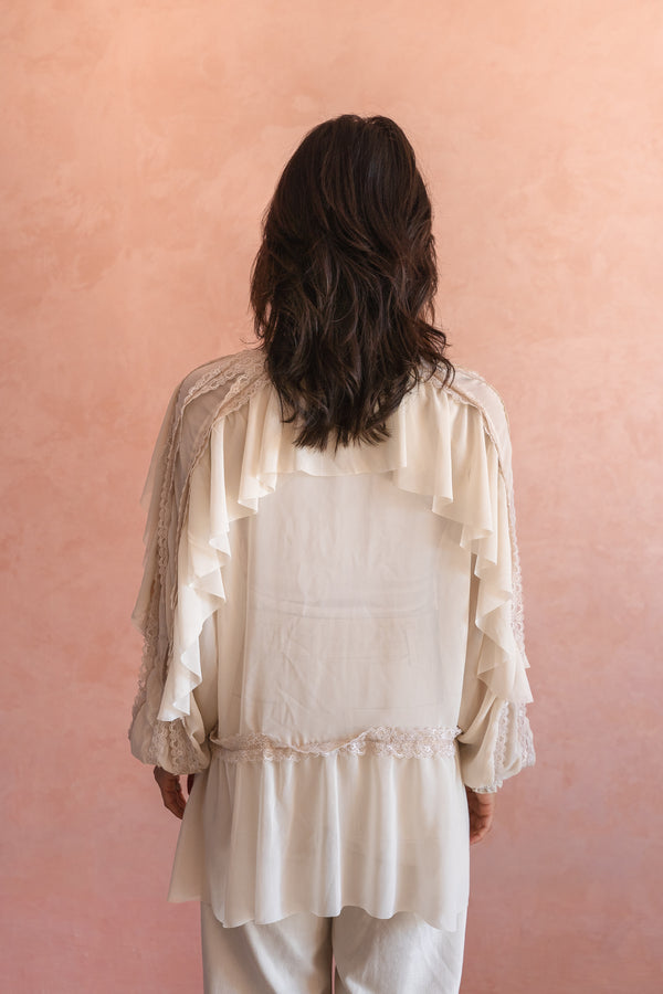 Chiffon Ruffled Blouse With Lace Trim In Beige