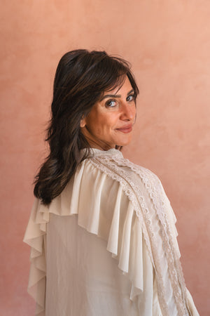 Chiffon Ruffled Blouse With Lace Trim In Beige