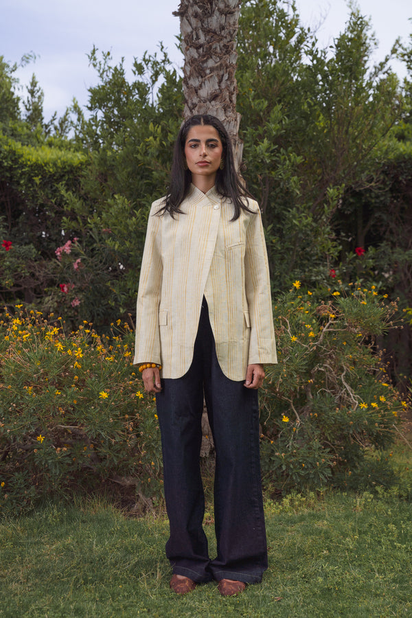 Striped Linen Asymmetric Blazer in Pistachio X Gold