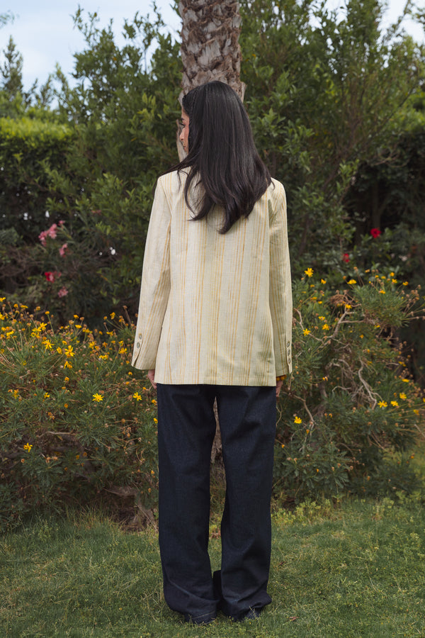 Striped Linen Asymmetric Blazer in Pistachio X Gold